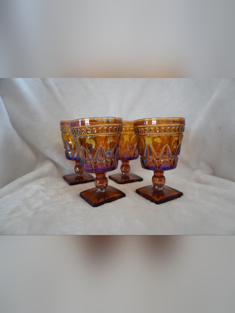 Vintage Indiana Glass Kings Crown Marigold Carnival Glass Goblets - Set of 4